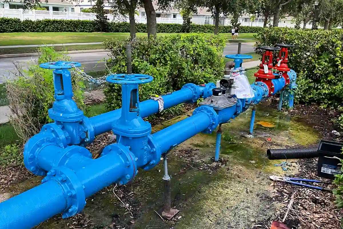 Blue above-ground backflow prevention piping and valves