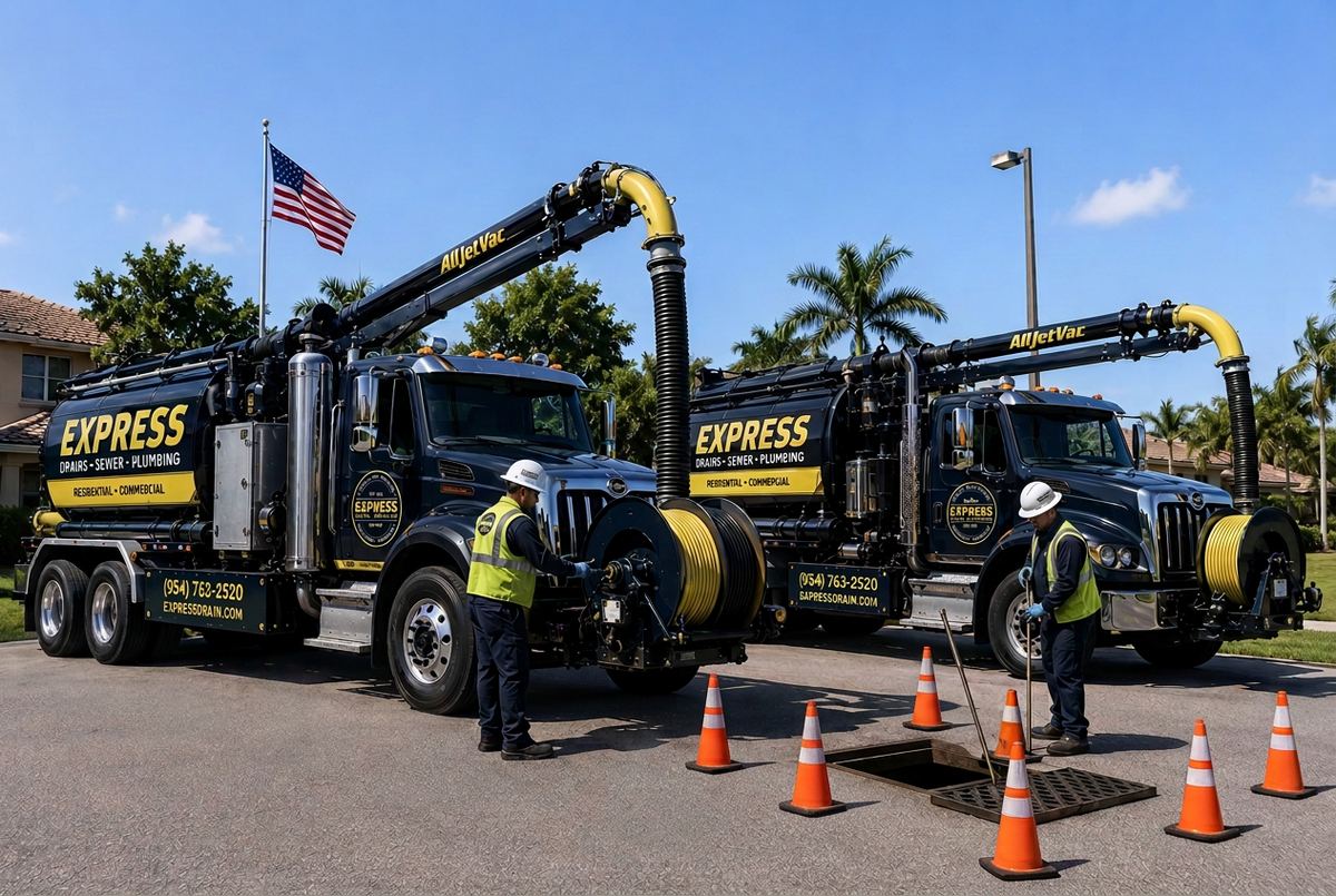 Two Express vacuum trucks with crew members and traffic cones at a job site